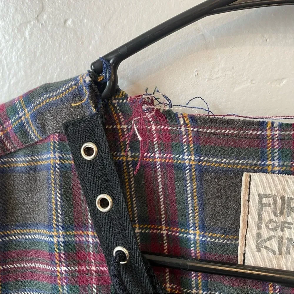 Furst of A Kind Upcycled Oversized Plaid Lace Up Button Front Flannel Shirt